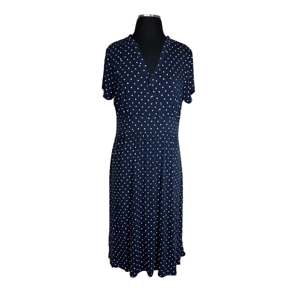 L. L. Bean Summer Knit Dress Short Sleeve Polka Dot Blue White Sz L Jersey Knit